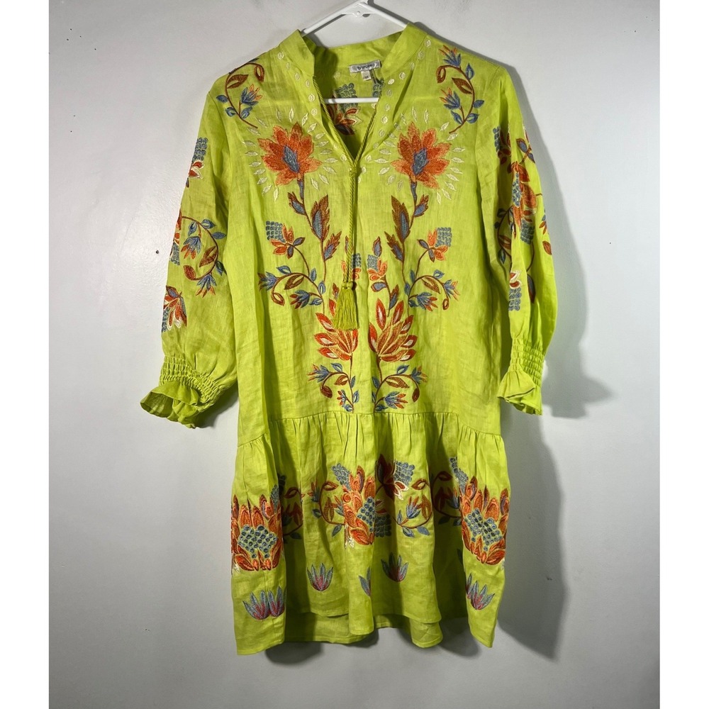 Womens Tyler Boe Niki Embroidered Floral Linen Dress V Neck XS Green msrp $326‎